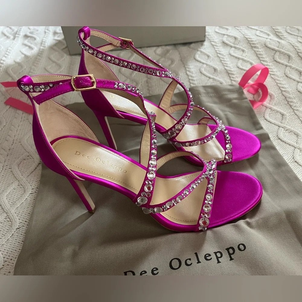 New! Dee Ocleppo designer Satin Magenta Pink Strappy Heels Rhinestones SZ 8 - Picture 4 of 16